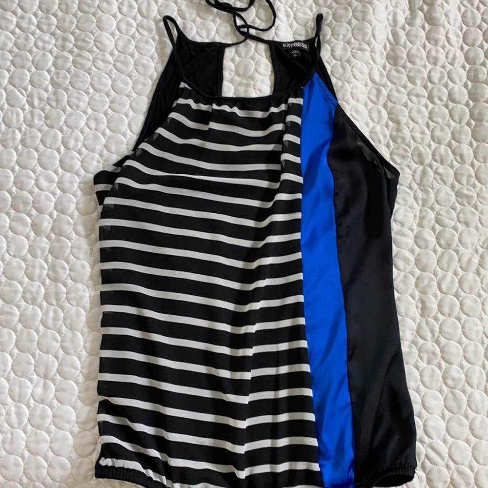 Express women XS top black white and blue stripes loose blouse soft fabric Y2K